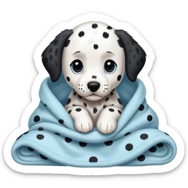 dalmatian puppy cozy in a light blue blanket sticker