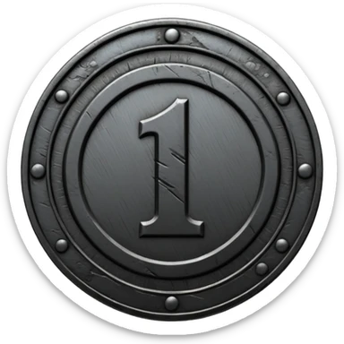 Minimal emoji, gothic metal coin made of black steel, engraved number 1 at the center, ancient industrial aesthetic, worn metal texture, no glow, no neon, flat emoji design, centered, transparent background sticker