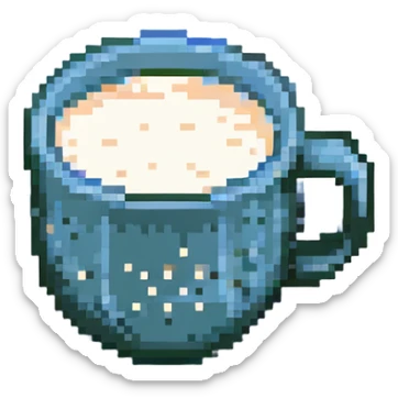 a cup of milk with gofio, pixel art style, simple background, warm colors, focus on the texture of the gofio sticker