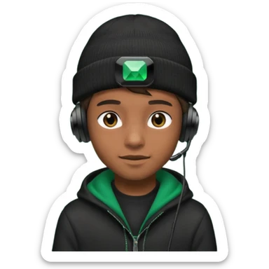 garcon avec un bonnet noir avec un emeraude dessus et un casque gaming sticker
