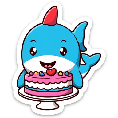 cartoon shark with lips puckered, directly kissing a frosted birthday cake sticker