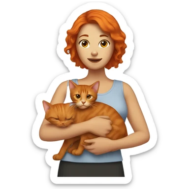 Red haired woman holding brown and orange cat sticker