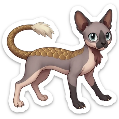 Furry, fluffy feathery scaly, Minccino-Sphynx-Lykoi-Linoone-Zangoose-fusion-hybrid-animal-Fakémon-creature, full body, thin long sleek scaly tail, intricate markings sticker