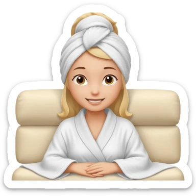 spa A contented and relaxed girl with a towel on her head in a white robe lies on a couch. The icon displays the couch and the girl in full three-quarter view. sticker
