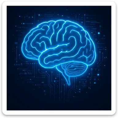 AI brain, futuristic, glowing, digital elements, modern style sticker