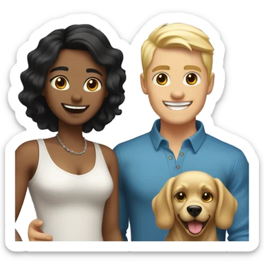 Gay couple, 1 Latino black hair and 1 Australian blonde hair with a dog in the middle laughing full body sticker