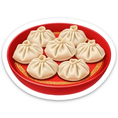 Chinese New Year dumplings Jiaozi with red background elements, simplified emoji style with bold outlines and bright colors, cartoon style festive food sticker
