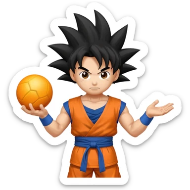 Son Goku emoji, holding a power ball, spiky hair, orange and blue outfit sticker