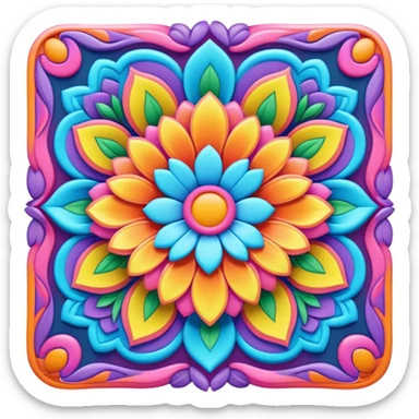 Create a 3D ultra detailed psychedelic colored square shaped hippie style flower border sticker