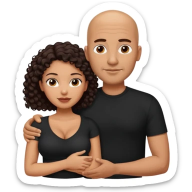 A picture of a tanned couple with the man's arm around her. the man is a Mexican man with tanned skin, a bald hair cut, short beard and wearing a black shirt. the woman is mixed, with curly dark brown hair and with big boobs  sticker
