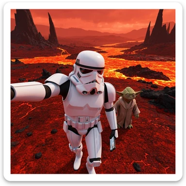 Camera POV, Starwars stormtroopers vlogging selfie, he is walking on lava planet with yoda sticker