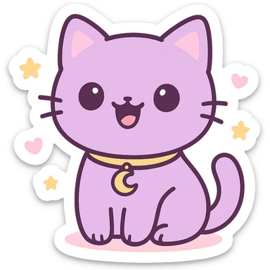 purple cat with solid black eyes, wide open black mouth with no teeth, gold crescent moon pendant on its neck, cute cartoon style sticker