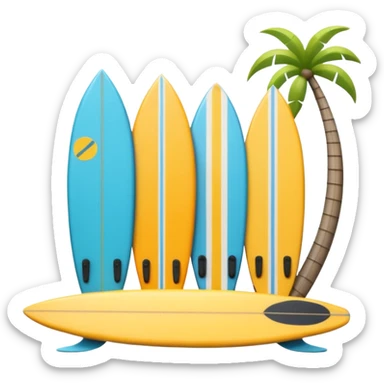 3D emoji style icon of a surf shop with surfboards, fins, and accessories on display sticker