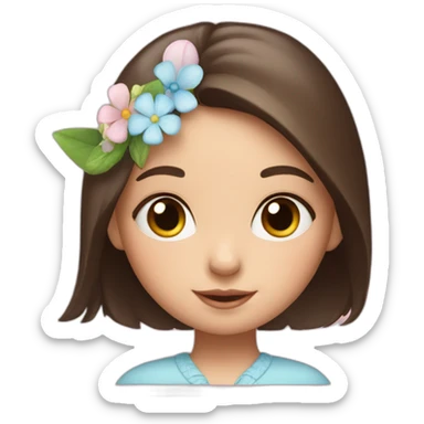 a little brunette girl with blue eyes with bunny ears and flowers sticker