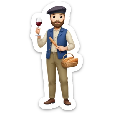 French man with beard, béret, trousers, shoes, holding a baguette and wine  sticker