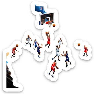 An icon showing a basketball court with players in action, inspired by NBA 2K25. A player jumps for a dunk, the ball mid-air, with the court’s floor and surrounding basketball arena visible. Bright lights highlight the excitement of the game. Transparent background. sticker