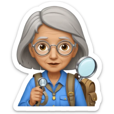 Explorer old woman with magnifying glass and backpack, portrait sticker