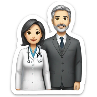 husband preacher middle age dark gray hair trimmed beard business suit, with wife asian age 55 dark hair nurse uniform sticker