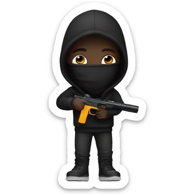 Man with black hoodie and ski mask holding a black water gun sticker