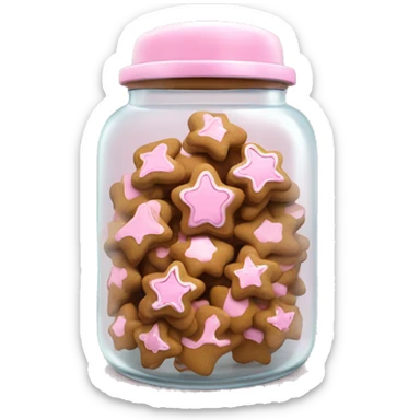 Realistic glass cookie jar with light pink lid full of gingerbread cookies isolated.  sticker