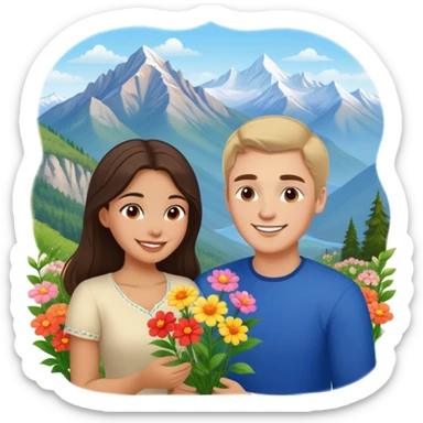 Couple learning each others language  in Montenegro russian man and elegant  Latina girl delicate flowers and mountains in the background  sticker