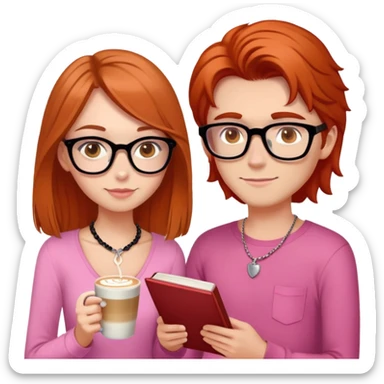 brunette haired girl with hazel eyes drinking latt, hair just below shoulder length and wearing a pink shirt, also with a necklace. Put her with her boyfriend who has orange/red hair, black glasses, and is taller than her. He needs a book in his hand  sticker