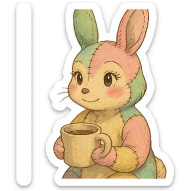 stitched-up rainbow-colored cartoon bunny with feminine features holding a coffee mug in ghibli-inspired style sticker