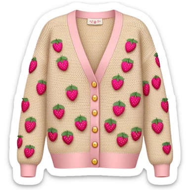 beige crocheted cardigan embroidered with small pink strawberries sticker
