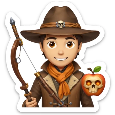 male human monster hunter emoji, wearing brown leather coat and wide hat, holding crossbow or rifle, with amulet shaped like skull, Halloween fantasy theme, confident smile, orange scarf, Apple emoji style, clean white background, square image sticker