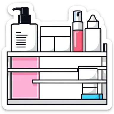 big long white shelf with one serum bottle labeled beauty brand and big sticky note next to it sticker