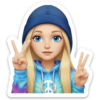 White woman with long blonde straight hair and blue eyes with long eyelashes and tiedye hoodie. i would like for her to be doing a peace sign with one hand. i want her to be wearing a black beanie. sticker