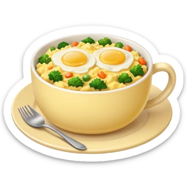 plate with scrambled eggs and veggies,  on the side coffee in cute mug sticker