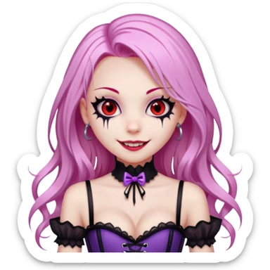 pretty scary girl, long straight LIGHT pink HAIR,SCARY RED eyes, black eyeliner, pale skin, purple corset clothes with laces, AND WITH A GRIN SMILE  sticker