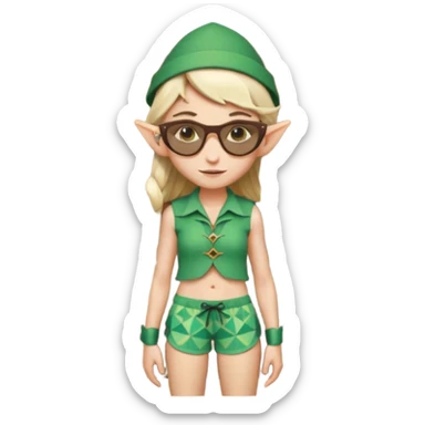 elf female legolas portrait, patterned board shorts (geometric/abstract), unique wooden-framed sunglasses, undercut hairstyle, slight smirk, visible pointy ears, no background, centered emoji, hipster summer vibe coctails with summer hat sticker