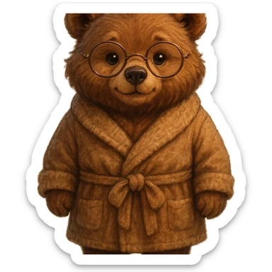 A cute anthropomorphic bear wearing round glasses and a cozy bathrobe, full front view, detailed, semi-realistic style, warm atmosphere. sticker