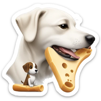 A dog eating a bone while a kid is watching sticker