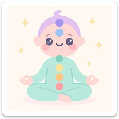 meditative figure sitting in lotus, chakras highlighted with rainbow colors, soft lines, relaxing artistic style, light background sticker