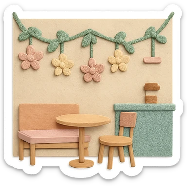 wall floral garland in a cozy café, soft pastel colors, paper craft style sticker