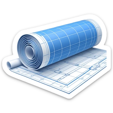 side perspective of a blue rolled-up blueprint plan with white lines sticker