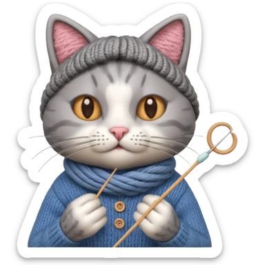 knitting cat portrait, head and shoulders only, cute cat holding knitting needles and yarn, cozy expression, warm handmade vibe, 3D cartoon style, mobile game icon style, clean background, no text, no watermark
 sticker