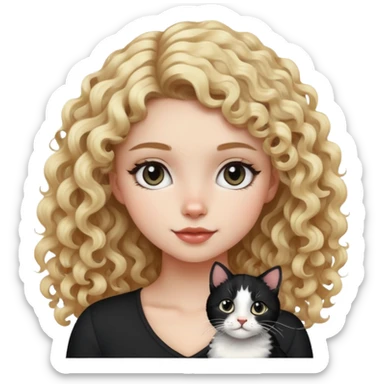 Curly blonde hair girl with mix black and white cat sticker