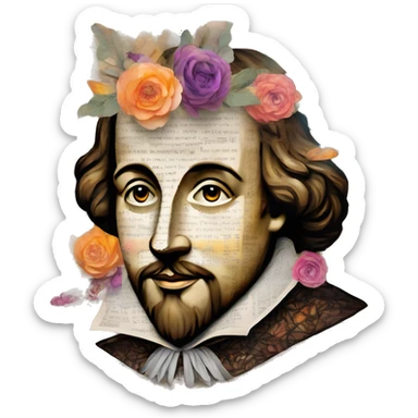 Shakespeare made of newspaper cuttings wearing flowers, stained glass, fairy lights, bokeh, annotated sketch, handwritten letters, collage of intricate patterns, lantern, bokeh, blur sticker