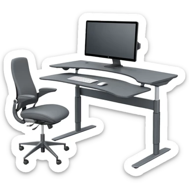 3D minimal icon of a wide height-adjustable motion desk with dual monitors and a modern ergonomic office chair, with a subtle accent in #FF3D00. Clean and high-end style. sticker