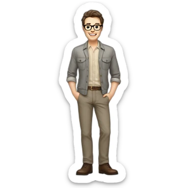 Joyful Full height Pale skinned Fit Man With dark brown hair in gray jacket, beige office shirt, Brown pants and vintage glasses. His thrumbs up sticker