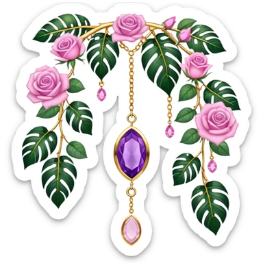 Hanging suncatcher, gold chains with shiny sparkly amethyst and rose-quartz gemstones, roses, beautiful tropical leaves, gorgeous aesthetics sticker