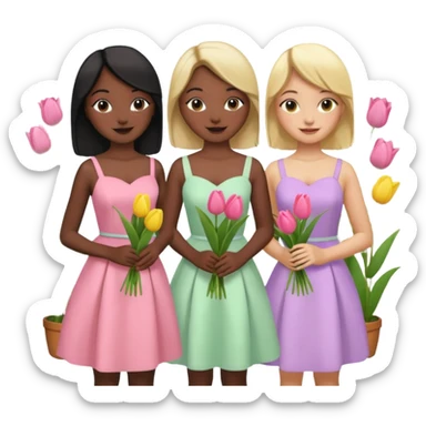 5 girls at a garden party wearing pastel dresses and holding tulips, one is black one is blond, one is asian, one is latina sticker