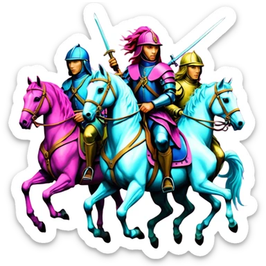 sybthwave ultra HD style, oil - The Four Horsemen of the Apocalypse, based on a graphic by Albrecht Dürer sticker