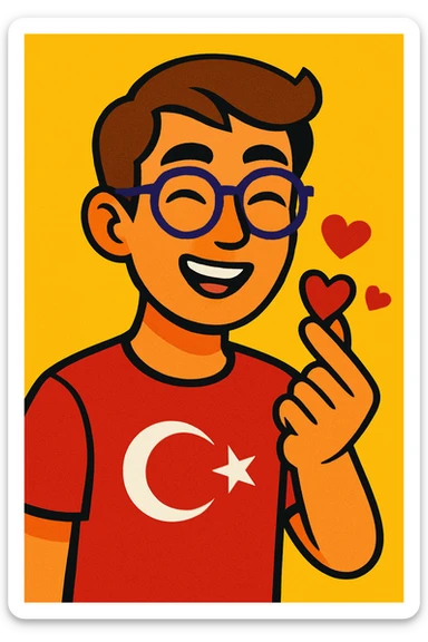 colorful and vibrant illustration of a Turkish young man with slightly slanted eyes, wearing glasses, making a heart gesture with his hand, slightly tanned and light brown hair sticker