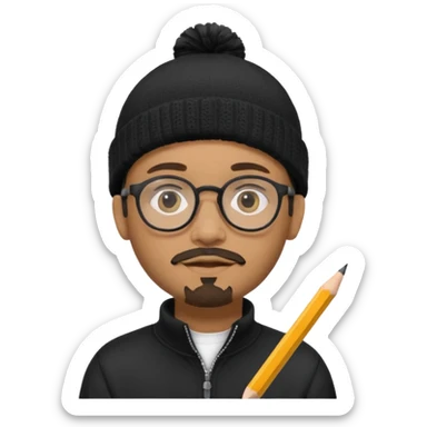A creative young man with a pencil, glasses and a beanie. He holds a pen in his hand. He has a slight moustache and bit of a beard. He's a lightskin black man. He wears a black quarterzip jumper sticker