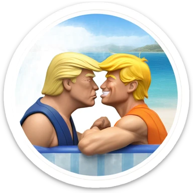 Photo realistic Donald Trump, kissing Goku at the beach by the pool sticker